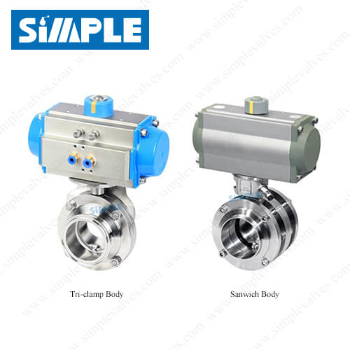 Air Actuated Sanitary Butterfly Valve with Horizontal Actuator, NC/NO/AA